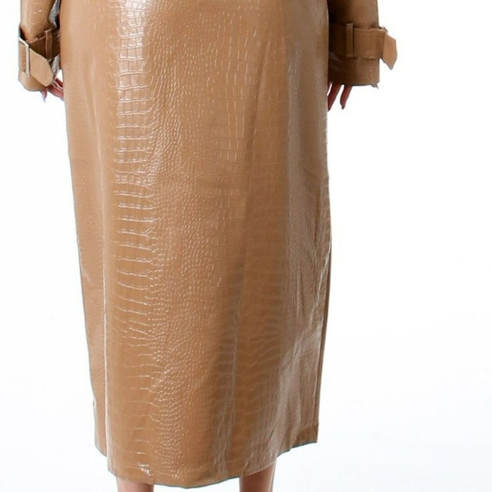 Croc Embossed Belted Trench coat man made leat Long sleeve Waist tie bucโฆ - Picture 6 of 7